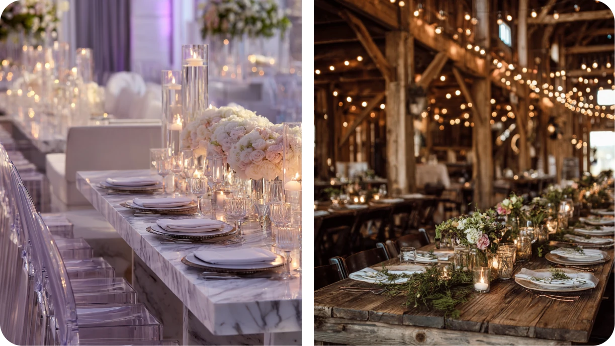 Comparison of luxury wedding setup with ghost chairs and marble tables versus rustic barn wedding with farm tables and string lighting 