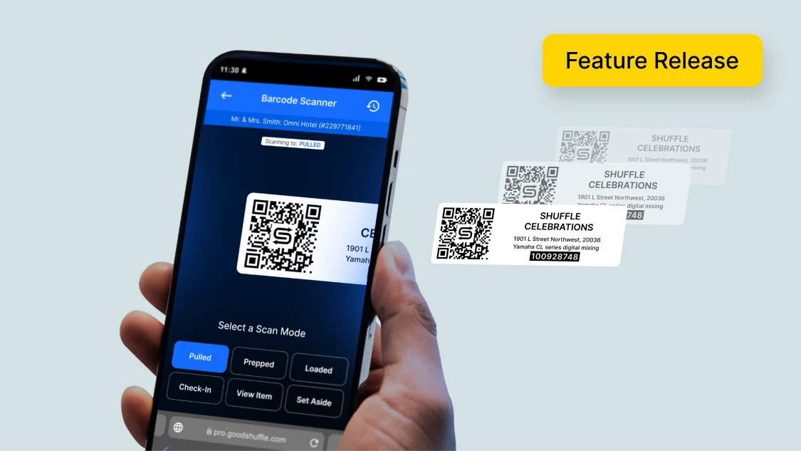 Mobile phone scanning multiple barcodes in a warehouse setting with Goodshuffle Pro's barcoding feature.