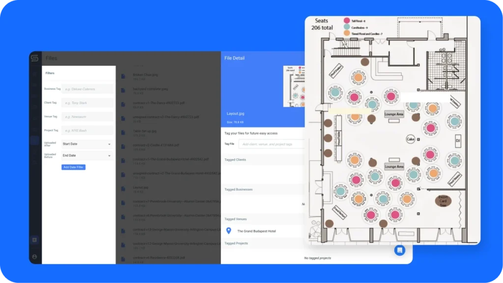 Professional event proposal showcasing visual mockup of garden wedding setup with clear-top tent, chandeliers, and floral arrangements