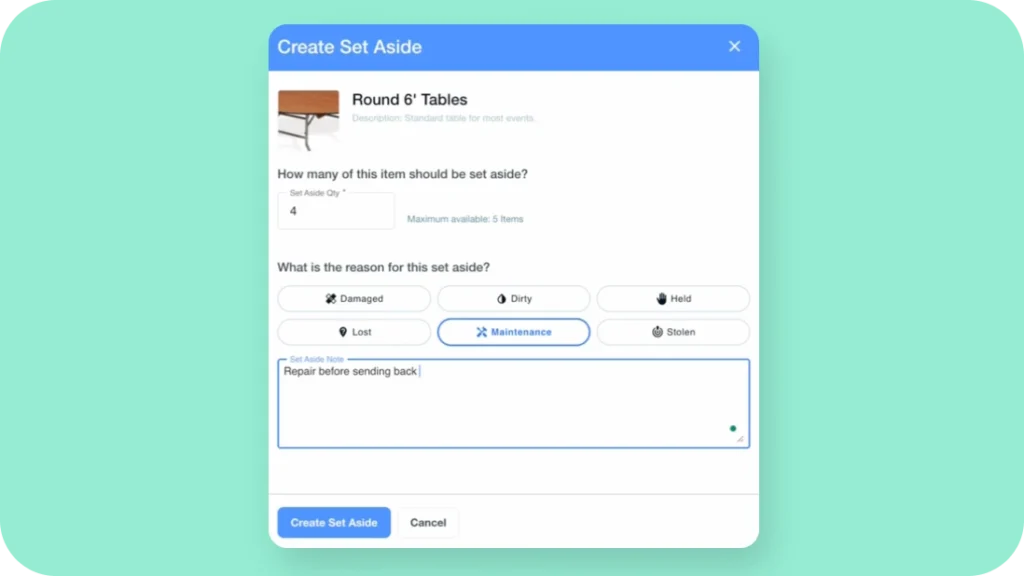 Choose from expanded set aside reasons including Maintenance, Held, and Dirty in Goodshuffle Pro