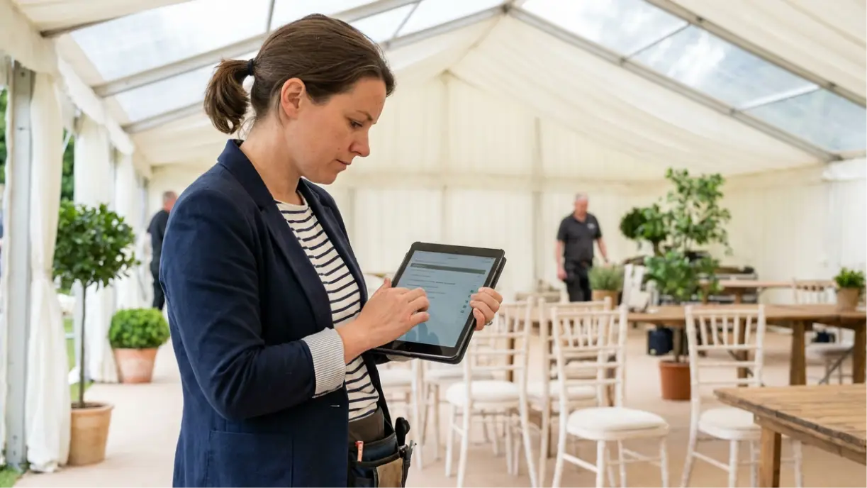 Event rental business owner reviewing a signed damage waiver on a tablet before an event
